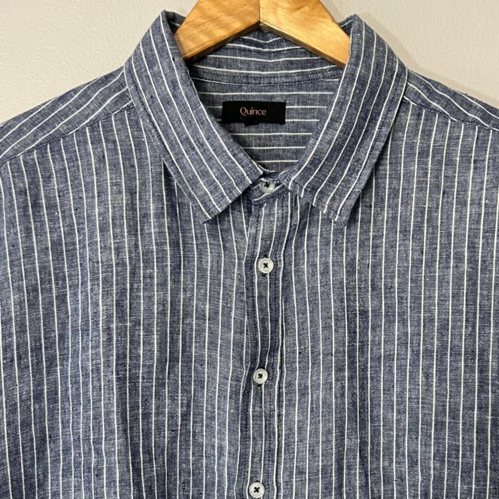 Quince Shirt Mens XXL Blue Chambray Stripe 100% European Linen Short Sleeve